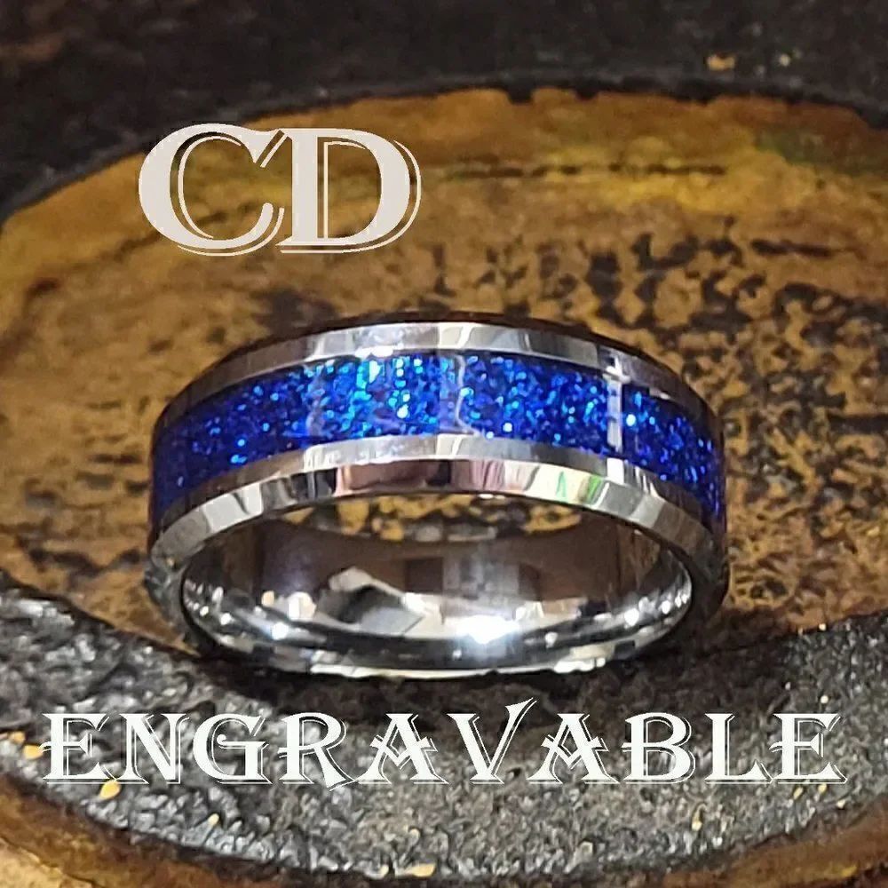 Personalized Men's Real Silver Tungsten Promise Ring With Blue Galaxy Opal Inlay